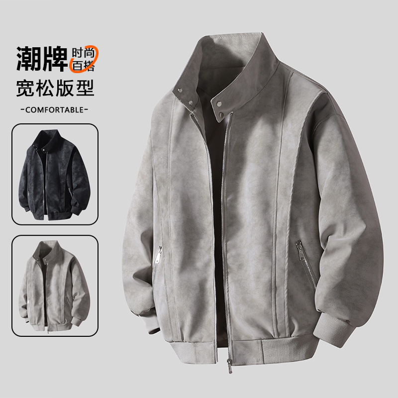 Chaqueta transfronteriza para hombres primavera y otoño comercio exterior estilo americano retro cuello de béisbol ocio suelto abrigo de cuero lavado con agua abrigo de hombre de estilo portugués