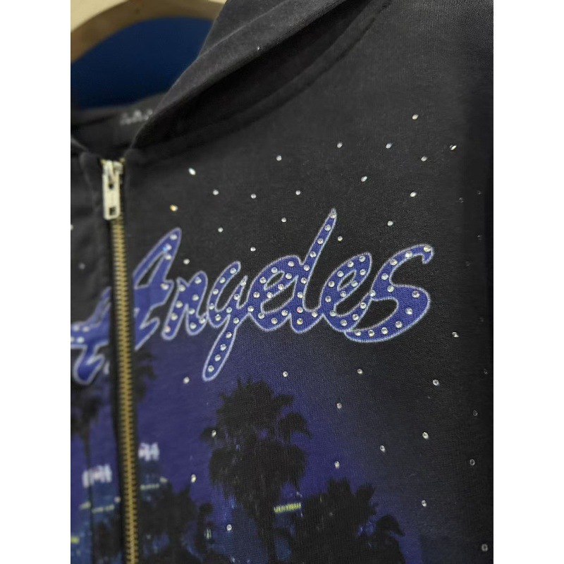 False Perception rhinestone Los Angeles starry night scene washed and distressed loose-fit zip-up hoodie