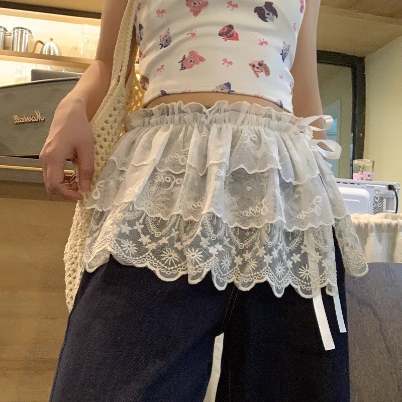 韩系叠穿白色芭蕾风蕾丝半身裙屁帘女春夏季绑带配牛仔裤遮臀短裙|undefined