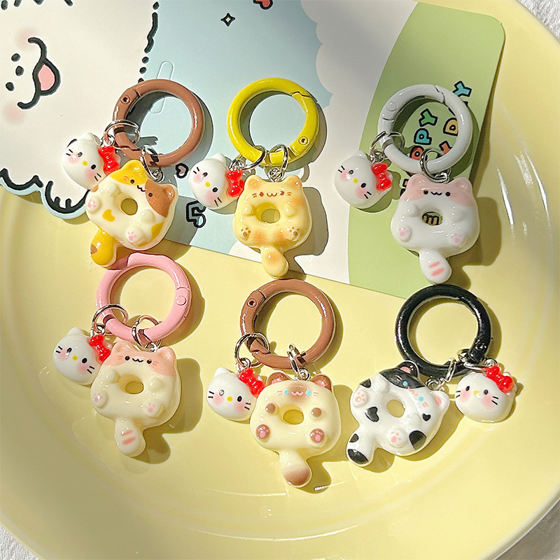 Cute Cartoon Donut Cat Key Ring Siamese Cat KTins Wind Keychain School Bag Headset Pendant Sweet