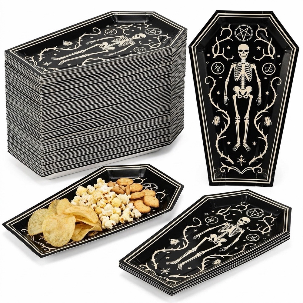 Vintage Skull, Thorns, Coffin, Alien Shaped Paper Plates Gothic Dark Halloween Escape Room Disposable Snack Plates