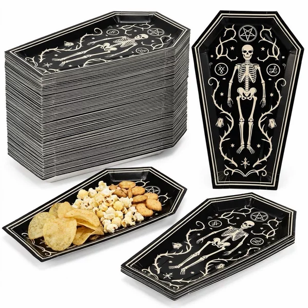 Vintage Skull, Thorns, Coffin, Alien Shaped Paper Plates Gothic Dark Halloween Escape Room Disposable Snack Plates