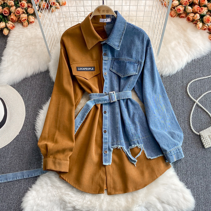 Denim Patchwork Corduroy Lapel Shirt 2022 Autumn and Winter New Korean Style Waist-Cinching Slimming Irregular Mid-Length Style
