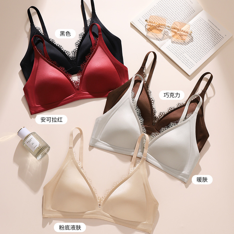Cross-Border Satin V-Neck French-Style Triangle Cup Bra, Breathable, Seamless, Comfortable, Invisible, with Lace Trim