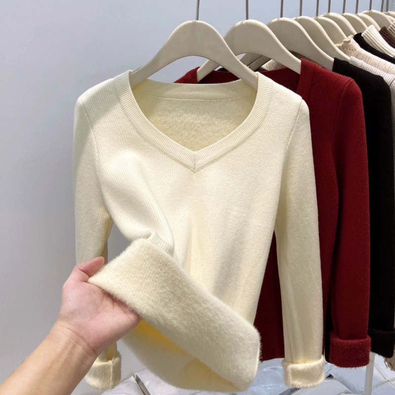 Women's V-neck Knitted Sweater, 2026 Autumn/Winter New Slim Fit Long Sleeve Fleece Lined Thick Warm Top