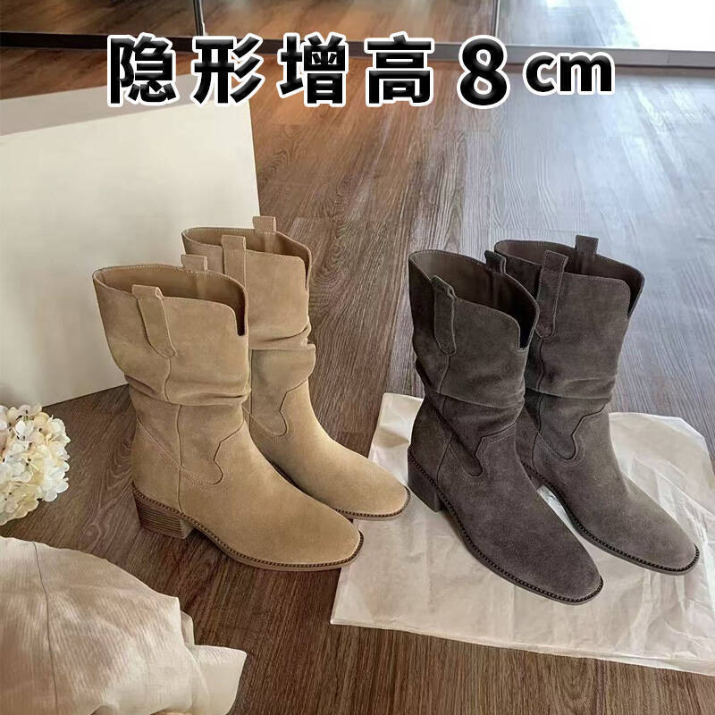 葡萄妈~8cm增高堆堆靴子女2025秋季V口显瘦美拉德粗跟中筒马丁靴|undefined