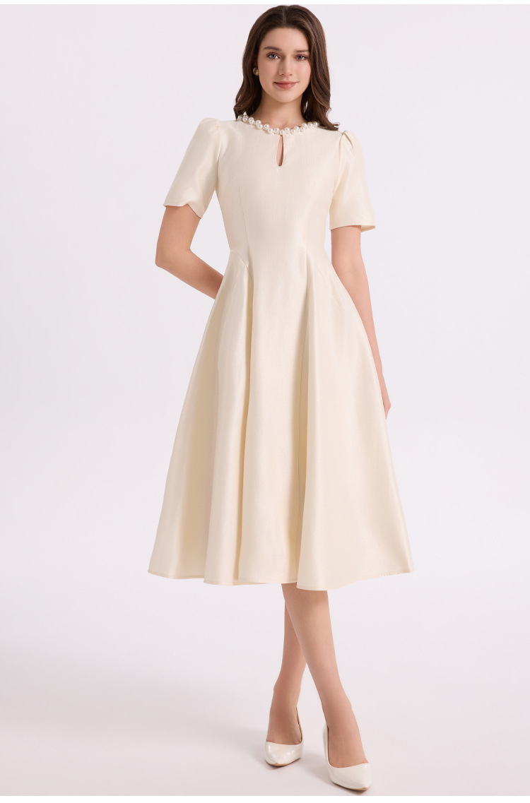 Váy maxi nữ phong cách Pháp Hepburn tay ngắn cổ tròn thắt eo dáng dài — màu đen, màu tím, màu mơ chi tiết 9