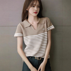 条纹翻领刺绣针织短袖T恤女装夏季新款百搭时尚显瘦气质别致上衣