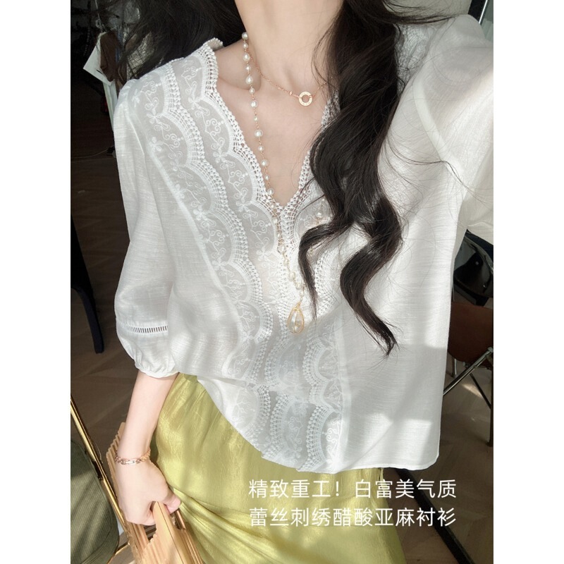 Super exquisite! Lace embroidered white shirt, acetate linen V-neck, loose fit, puff sleeves, Tencel, women's summer H060411