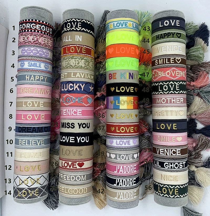 handmade woven bracelet, polyester, embroidered letters with tassels, adjustable (love)