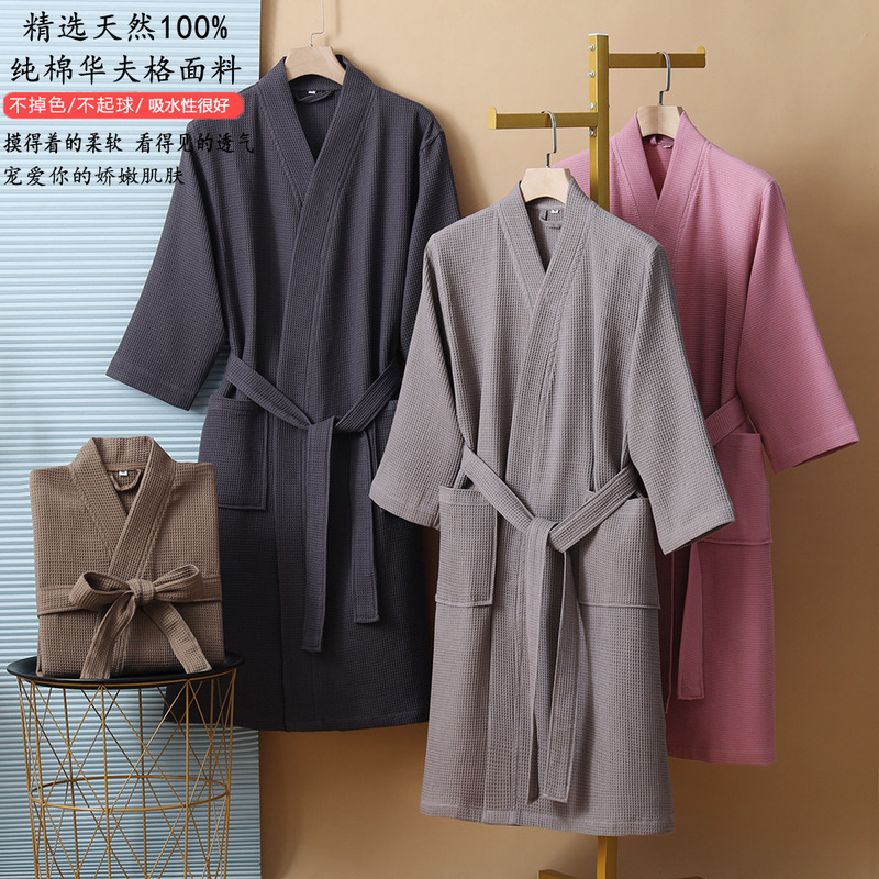 New Style Pure Cotton Waffle Bathrobe, Suitable for All Seasons, Absorbent, Quick-Drying Bathrobe for Men and Women, Couples, Sauna, Beauty, and Quick-Drying Bathrobes Wholesale New Style Pure Cotton Waffle Bathrobe, Suitable for All Seasons, Absorbent, Quick-Drying Bathrobe for Men and Women, Couples, Sauna, Beauty, and Quick-Drying Bathrobes Wholesale