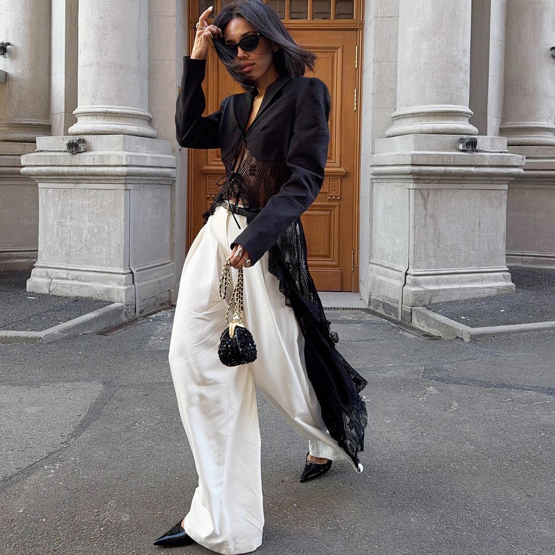 European and American Style 2025 Autumn and Winter New Women's Fashion Trendy Street Lace-Up Cardigan Lace Splicing Blazer