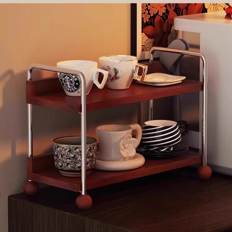 Taza de té de doble capa de escritorio estante de almacenamiento de escritorio de taza de marca estante de condimento de cocina estilo medieval estante de almacenamiento multicapa