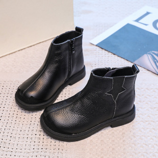First-Layer Cowhide Girls' Boots Genuine Leather Soft Sole 2025 Autum Cotton Little Girl's Short Boots Versatile Soft-Soled Shoes