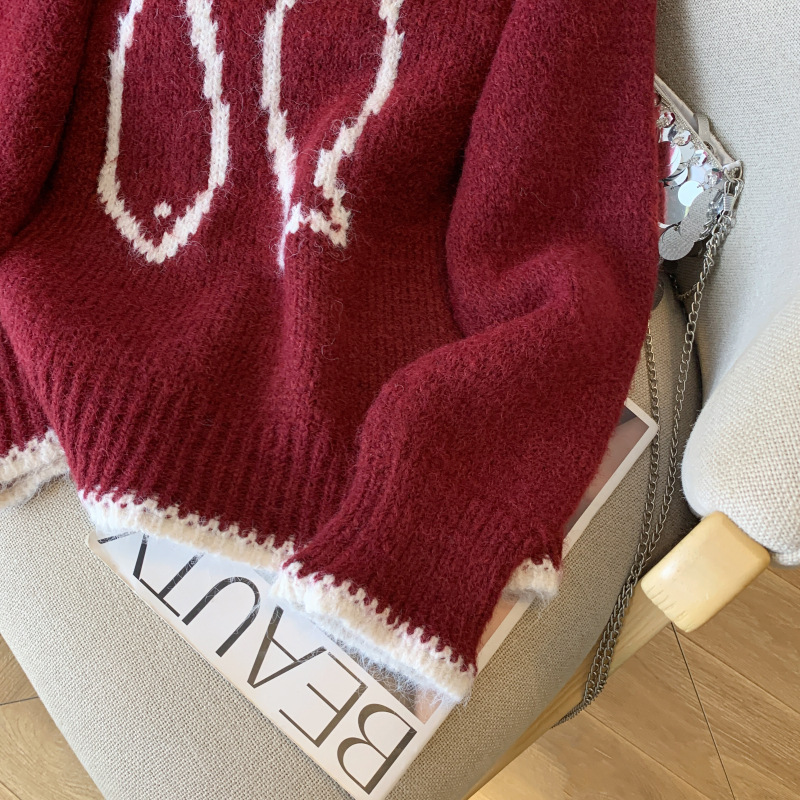 新商品の現物の韓国版の色合わせの丸首のレトロな刺繍のプルオーバーのセーターの女性の新型のゆったりしている短いニットの上着|undefined