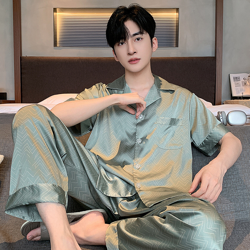 남성용 여름 잠옷, 아이스 실크, 플러스 사이즈, 뚱뚱한 사람들을 위한 큰 사이즈, 루즈핏, 2026년 신상 여름 반팔 긴바지 세트, 얇은 스타일