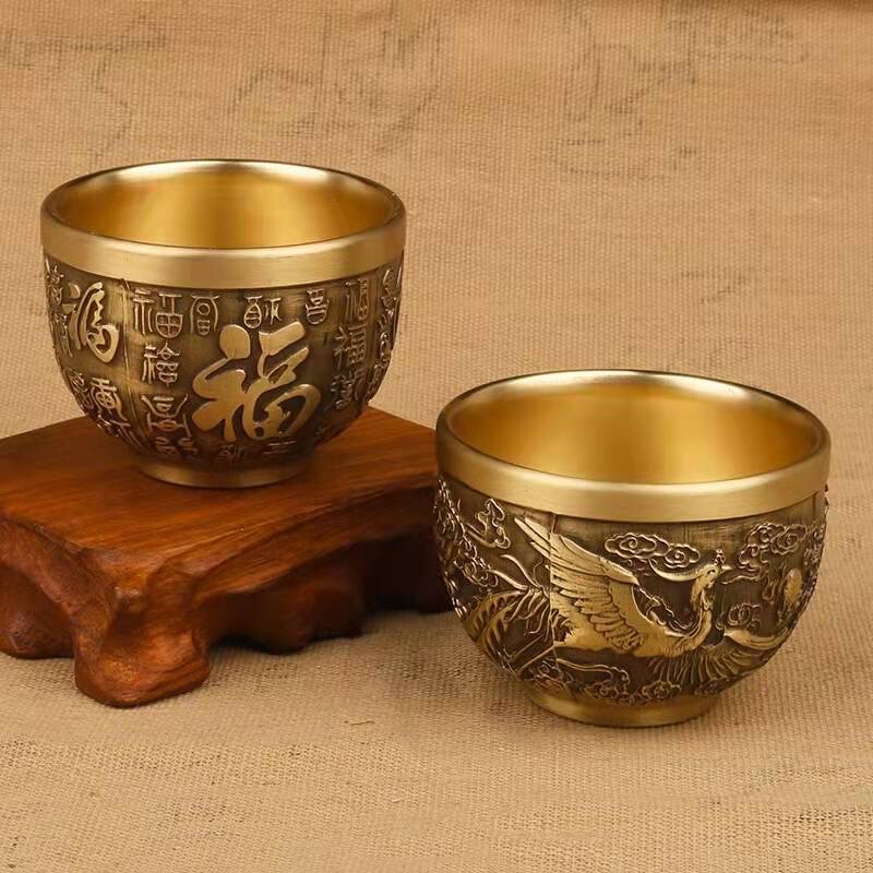 Brass Vintage Dressed Small Baifu Cup Dragon and Phoenix Cup Creative Small Rice Jug Small Wine Lamp Office Home Desktop Ornaments