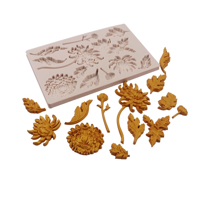 Nueva decoración de chocolate crisantemo flor fondant molde silicona DIY hoja tallo pastel epoxi