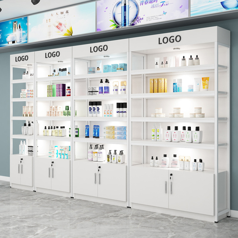 Estante de Exhibición para Supermercado, Exhibidor de Cosméticos para Tienda de Belleza, Vitrina de Múltiples Niveles, Estantes de Acero y Madera para Productos de Papelería al por Mayor