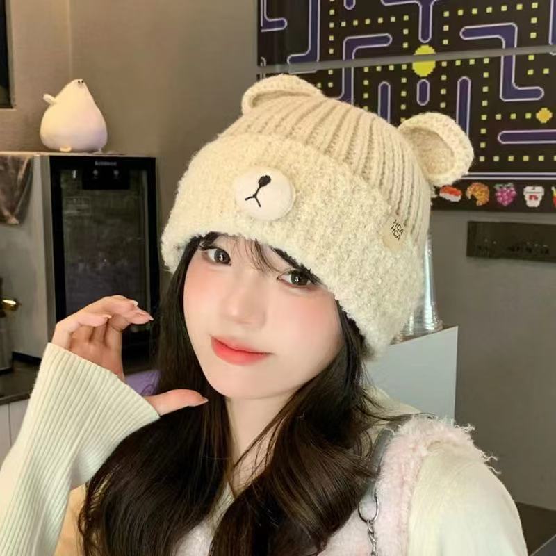 韩版小熊耳朵针织毛线帽子女秋冬季加厚保暖护耳帽显脸小百搭冷帽|undefined