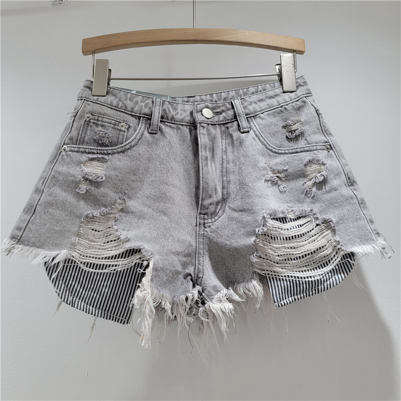Pantalones Cortos de Mezclilla a Rayas de Mezclilla, Detalles Rotos, para Verano image 2