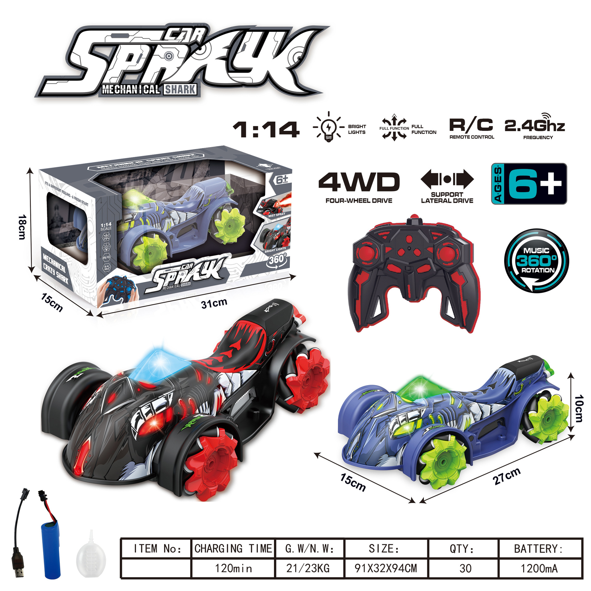 Transfronterizos Amazon Shark Truck Spray Coche de control remoto Coche de juguete Coche de deriva Coche inalámbrico Crossroad Coche de escalada