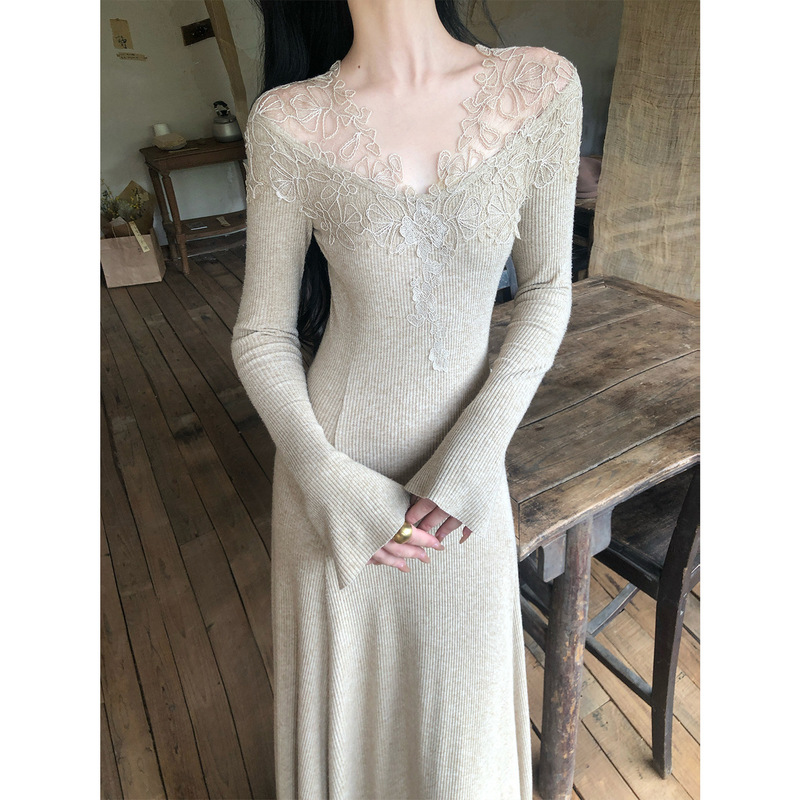 Youwei Autumn Stunning Dress for Women 2025 New Base Layer Long Sleeve Knitted Lace Dress