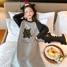 儿童加长睡裙女童春秋季纯棉长袖卡通家居裙初中生宽松亲子装睡衣