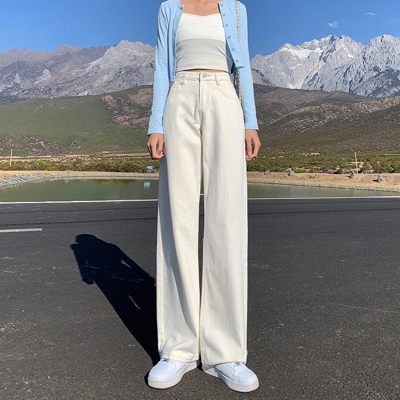 아이보리 넓은 다리 청바지 여성의 여름 얇은 봄과 가을 2024 새로운 높은 허리 슬리밍 느슨한 스트레이트 바지