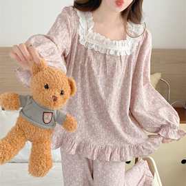 紫薯碎花蕾丝领口减龄韩系家居服睡衣长袖长裤少女春秋套装可外穿