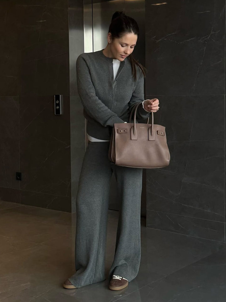 Bộ len dệt kim nữ áo cardigan tay dài quần dài màu trơn — Màu nâu, màu xám, mơ chi tiết 48