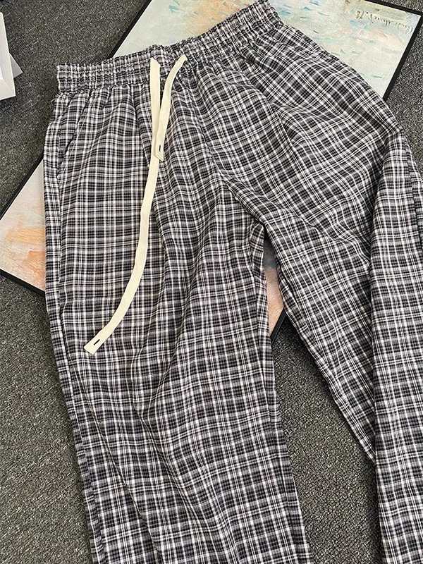 Cleanfit 黒と白のチェック柄パンツメンズ夏薄いリラックスした怠惰なパンツルーズワイドレッグストレートパンツ|undefined