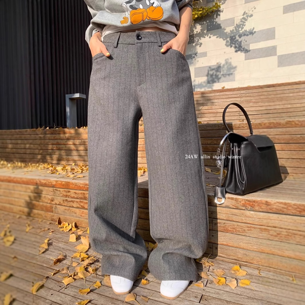 2024 겨울 새로운 맛 온라인 간단한 두꺼운 모직 넓은 다리 바지 여성 느슨한 우아한 줄무늬 원피스 바지