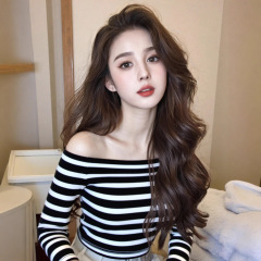 早秋独特超好看单穿上衣韩系chic小众设计感通勤条纹一字肩T恤女