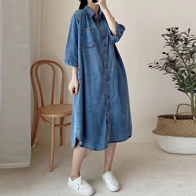 2026 Korean Version of the New Stylish Large-Size Loose Retro Nostalgic Lapel Slimming Denim Dress