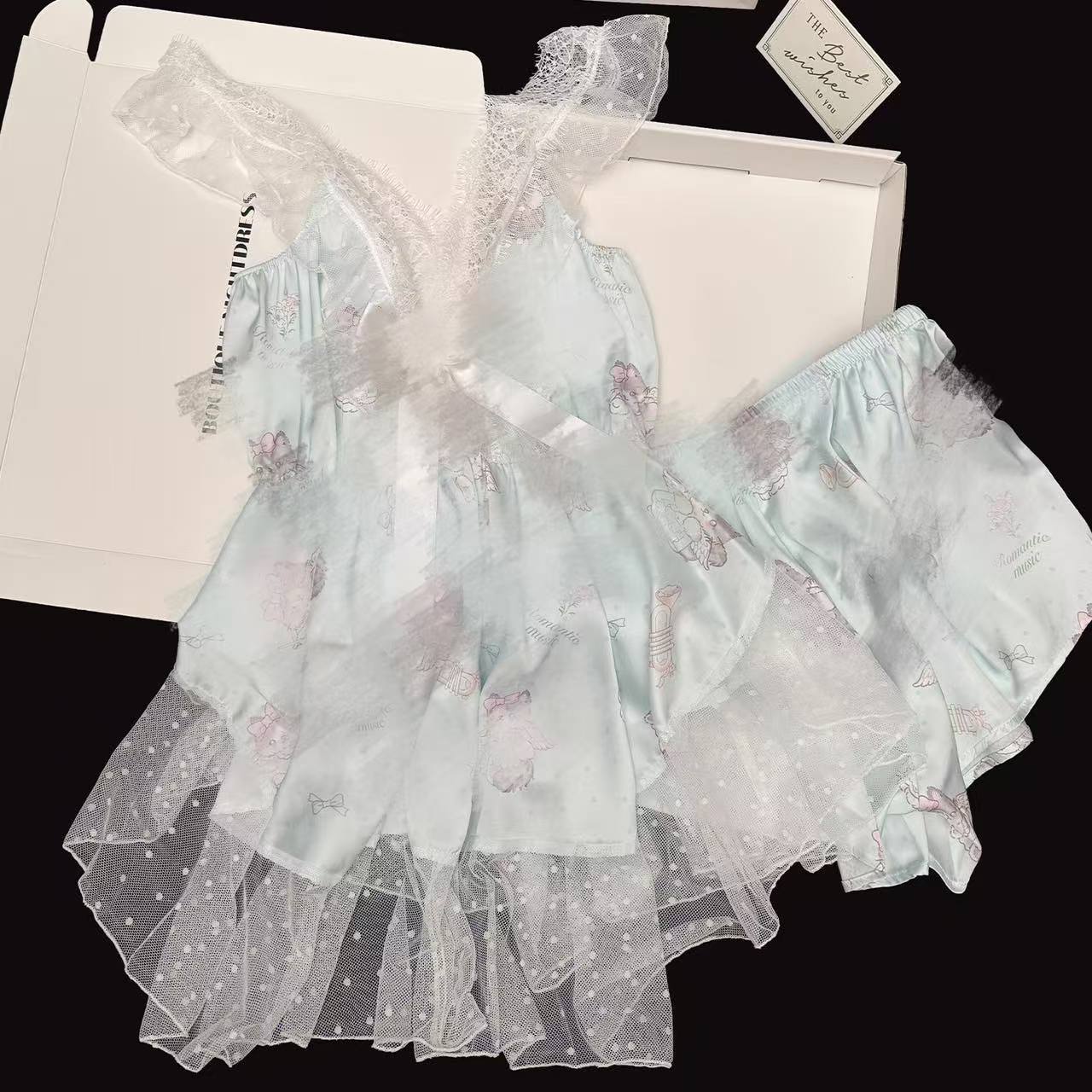 Angel Kitten Suspender Shorts Pajama Set – Ice Silk Lace Babydoll with Shorts, One Size — detail image 3