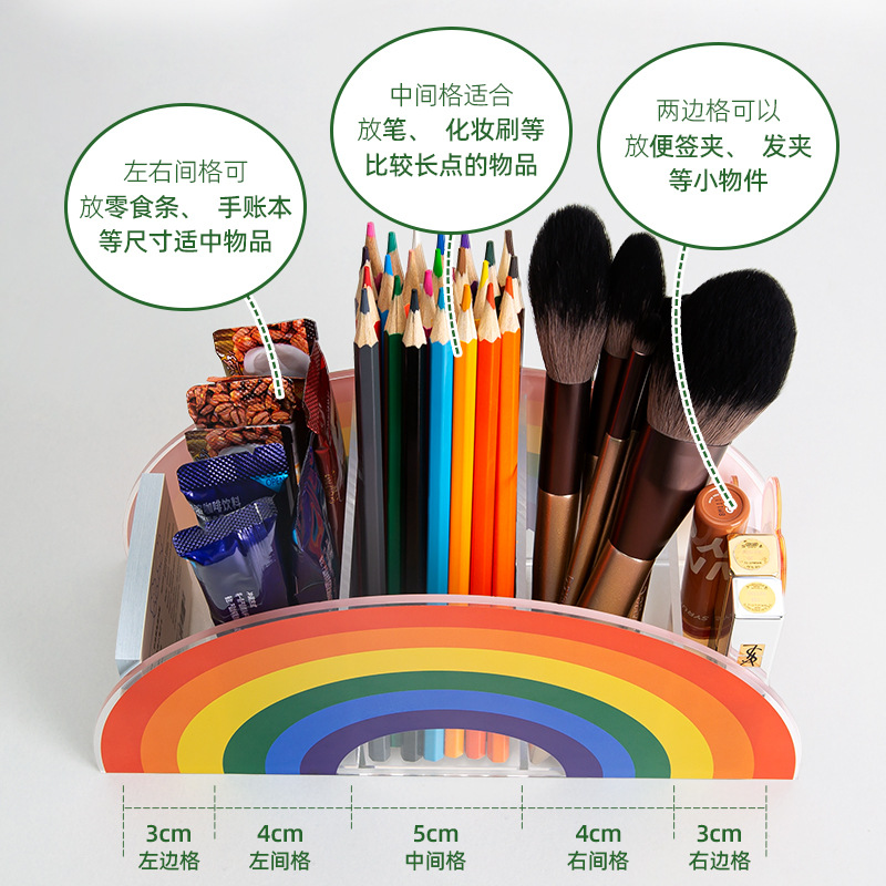 Arco Iris titular de la pluma de escritorio creativo neto rojo de dibujos animados niños lindos papelería caja de almacenamiento multifuncional sostenedor de la pluma de acrílico