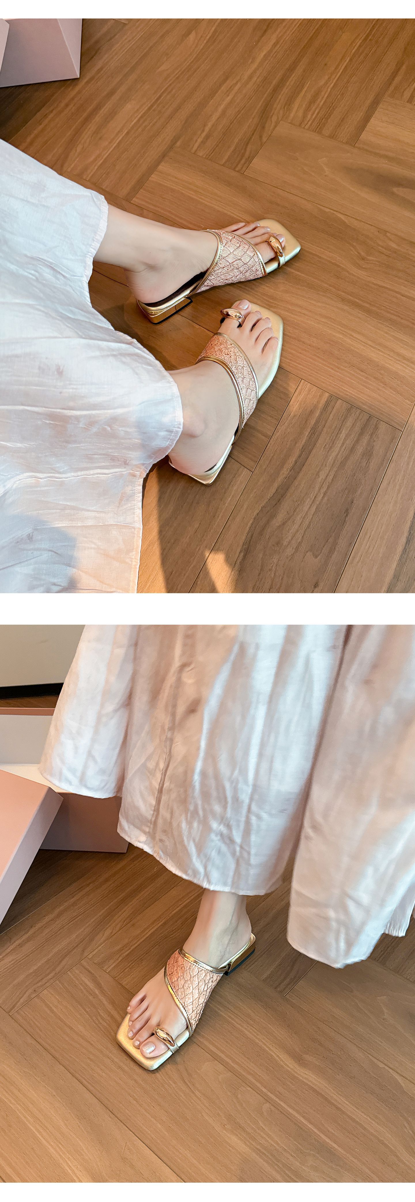Dép sandal xỏ ngón nữ đế bệt phong cách Pháp mũi vuông, chất liệu giả da cá sấu, quai đan dệt — màu thiên thanh, màu hồng, màu trắng ngà chi tiết 14