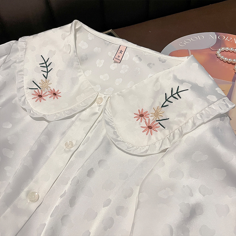 甜美公主风真丝睡衣女夏季短袖长裤桑蚕丝家居服套装薄款白色|undefined
