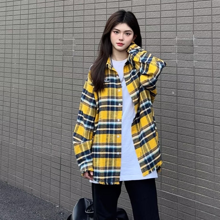 남성용 미국 복고풍 노란색 격자 무늬 긴팔 셔츠 가을 새로운 하이 스트리트 캐주얼 루즈 셔츠 자켓