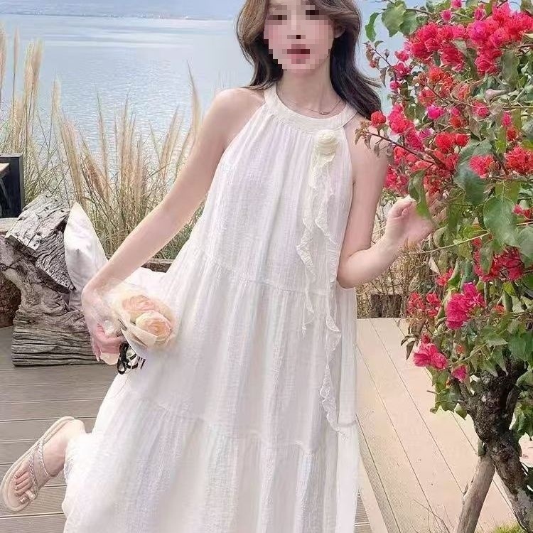 Đầm maxi nữ thắt eo phong cách Pháp hoa nhẹ nhàng không tay dáng dài mùa hè — màu xanh nhạt, màu trắng, Vàng nhạt, màu mơ chi tiết 1
