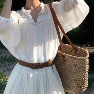 2025 Holiday Style Summer New Loose Long-Sleeved Short Skirt French White Shirt Dress My398
