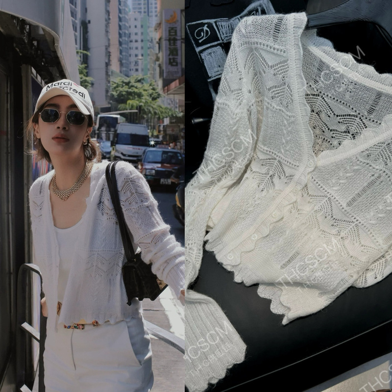 26 Early Spring New Style Al Ultra-Fine Wool Alpaca Hollow-Out Slightly Loose Chanel-Style Lace Trim Knit Cardigan
