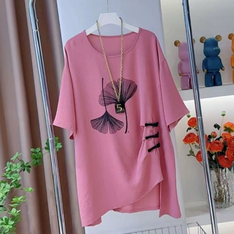 Лист гинкго в китайском стиле, топ с короткими рукавами и пуговицами, летняя свободная рубашка для похудения, большой размер, средней длины, уменьшающая возраст, рубашка с круглым вырезом