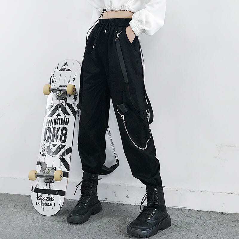 加绒加厚可拆卸背带链条束脚工装裤女秋冬宽松显瘦高腰直筒裤子女