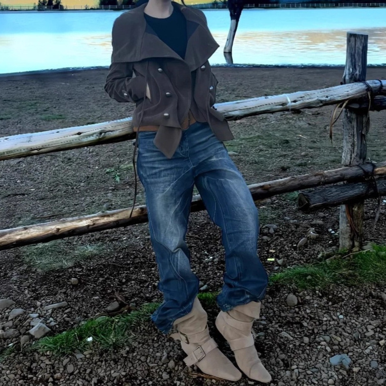 Autumn Lapel Design Casual Jacket Top Dead Wood Brown Maillard Color Cool Loose Asymmetrical Jacket for Women