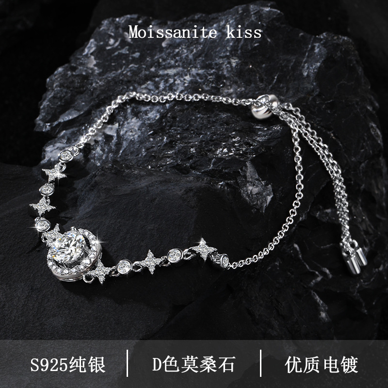 In-Stock S925 Sterling Silver Moissanite Round Star and Moon Bracelet, High-End Light Luxury Jewelry, European and American Cross-Border Jewelry Wholesale