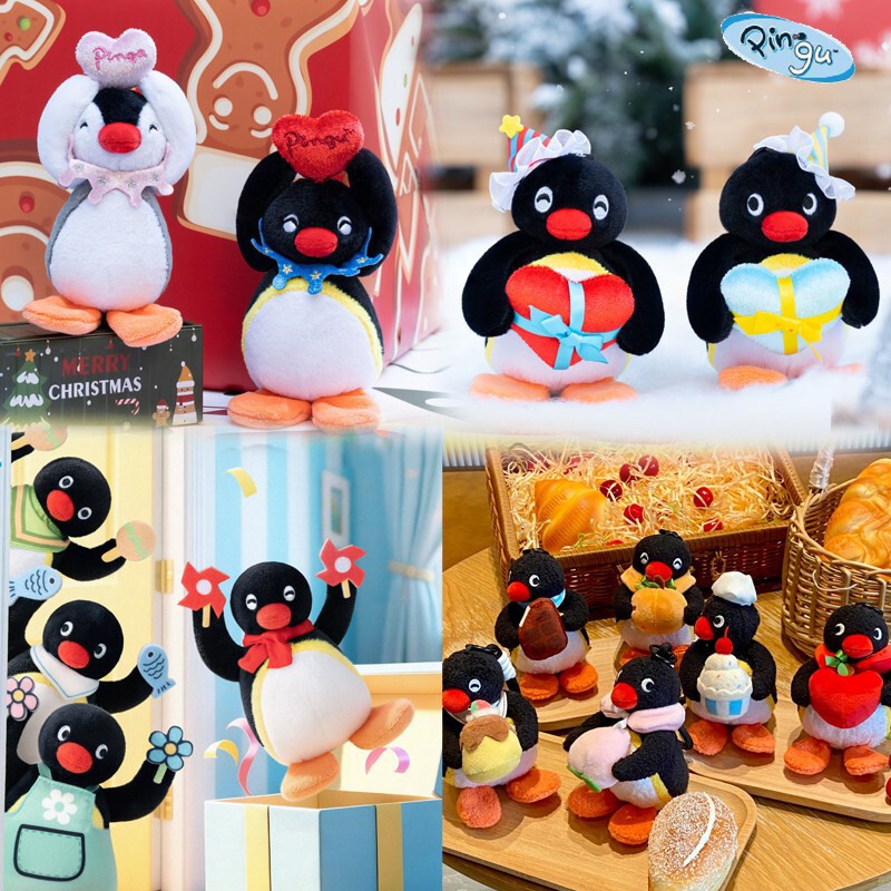 Original Pingu Blessing Series Plush Doll Pendant - Happy Eating Fish Slanted Head Doll Couple Bag Charm