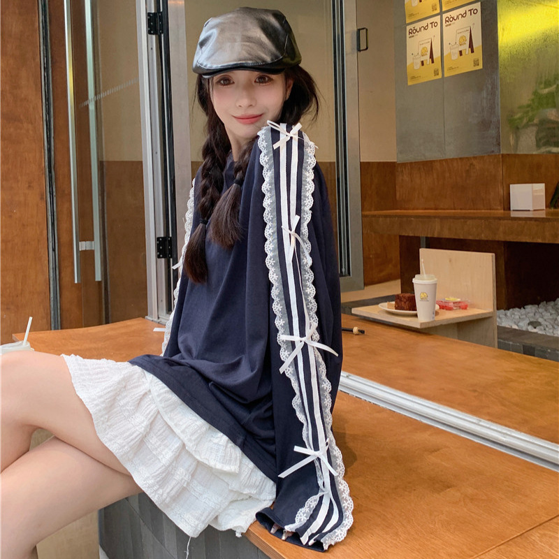 Lace Striped Bow Long-sleeved T-shirt Women's Summer Korean Style Casual Loose Mid-length Design Sense Top