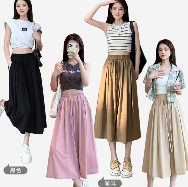 Ice silk three-quarter skirt-pants, wide-leg pants for women, summer thin loose slimming plus-size skirt-pants, straight casual Yamamoto skirt-pants